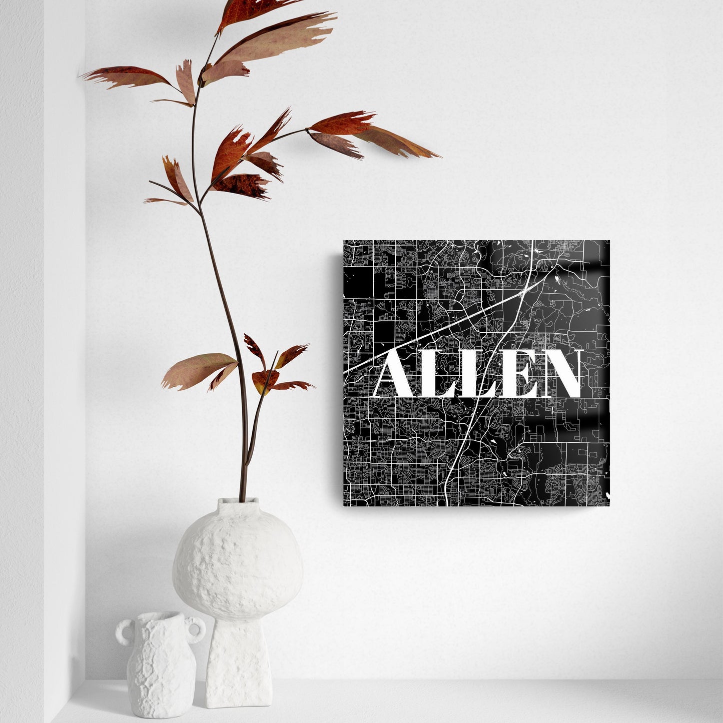 Minimalistic B&W Texas Allen Map | Hi-Def Glass Art | Eaches | Min 2