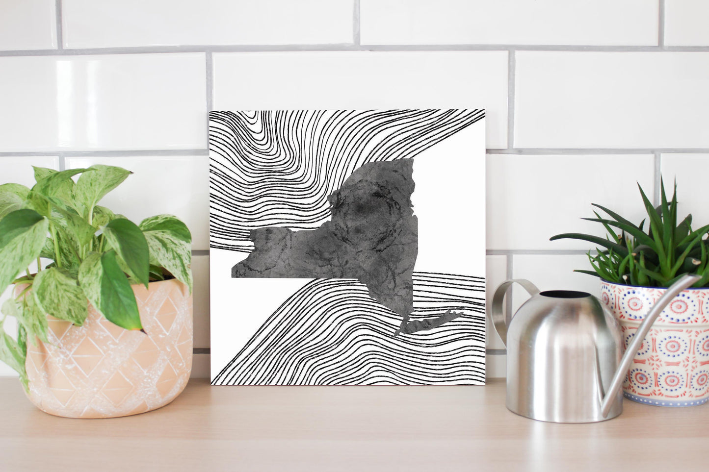 Minimalistic B&W New York State With Fluid Lines | Wood Sign | Eaches | Min 2