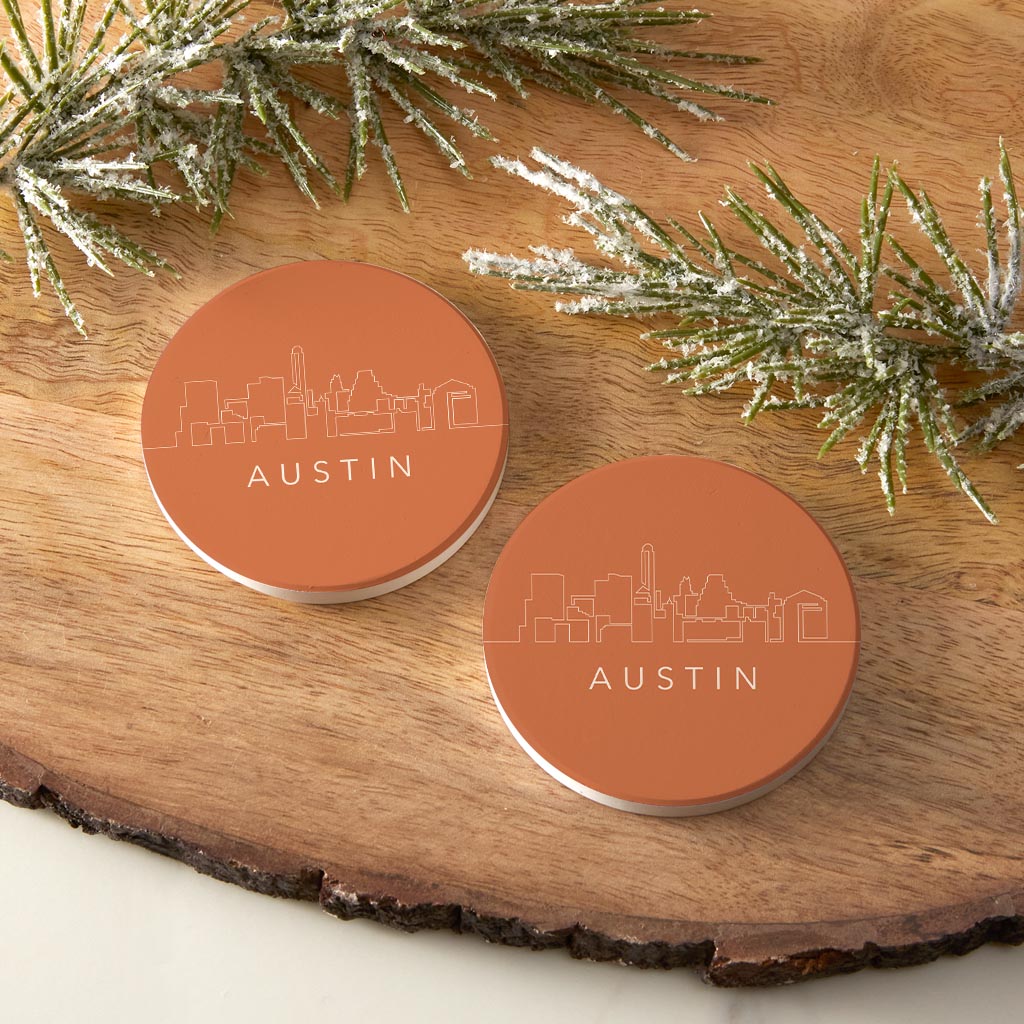 Modern Minimalist Texas Austin Skyline | Absorbent Car Coasters | Set of 2 | Min 4