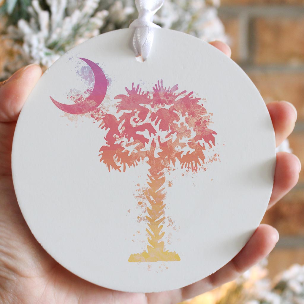 South Carolina Pink Water Color Palm Trees On White | Wood Ornament | Eaches | Min 6