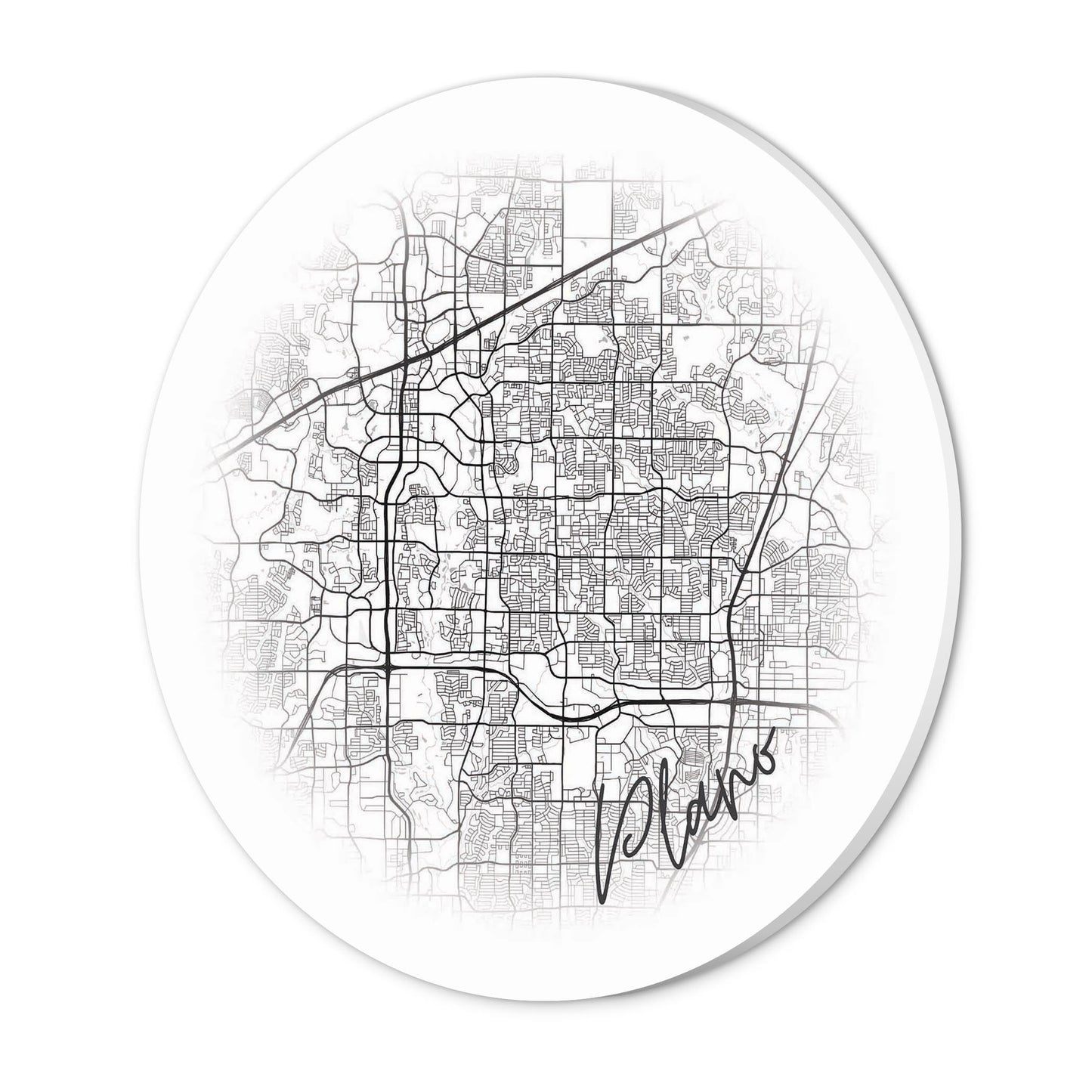 Minimalistic B&W Texas Plano Circle Map | Wood Sign | Eaches | Min 1