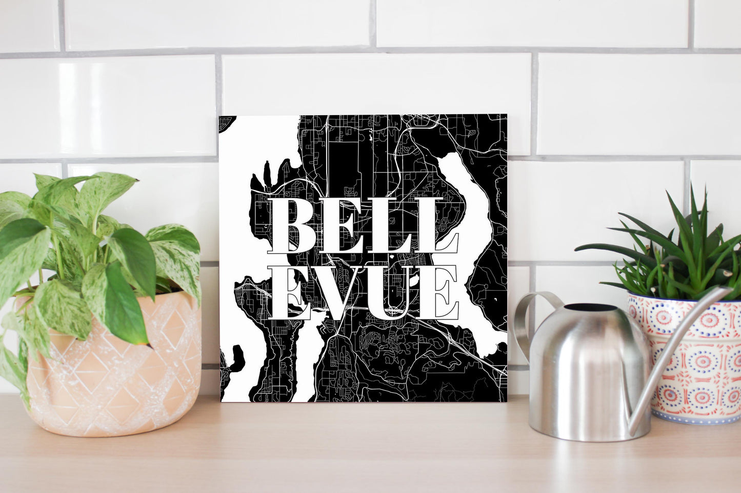 Minimalistic B&W Washington Bellevue Map | Wood Sign | Eaches | Min 2
