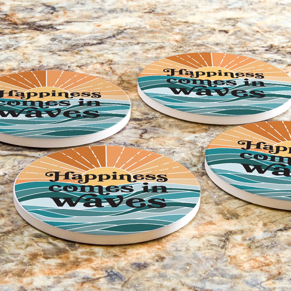 Happiness Comes In Waves| Absorbent Coasters | Set of 4 | Min 2