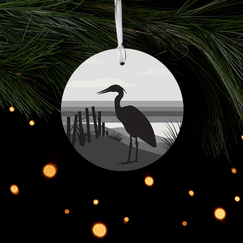 Minimalistic B&W Cape Cod Heron Illustration | Wood Ornament | Eaches | Min 6