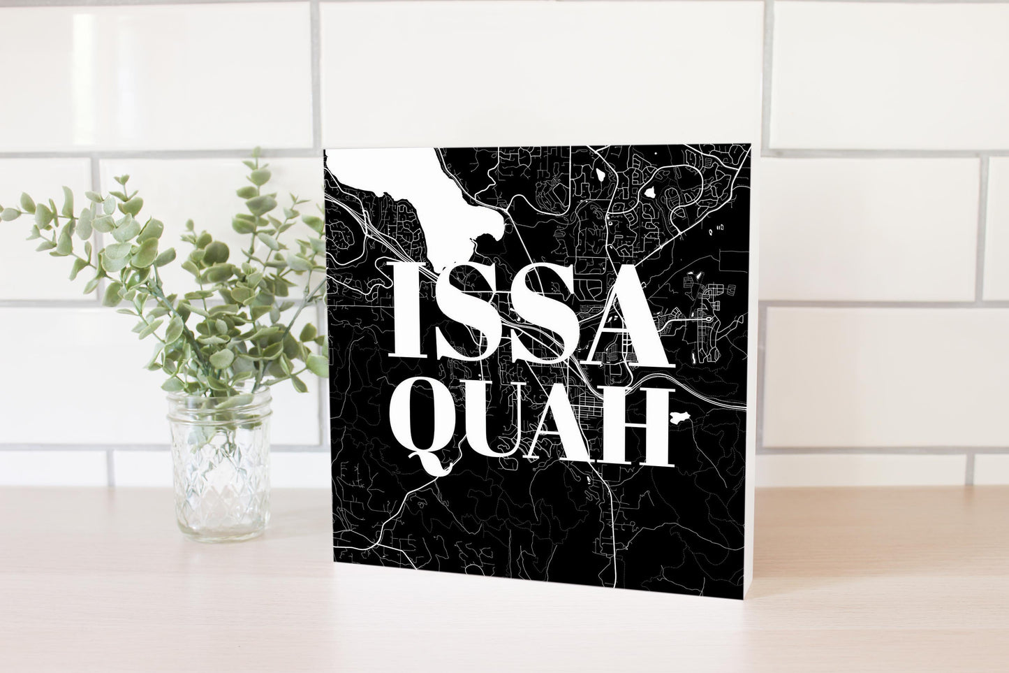 Minimalistic B&W Washington Issaquah Map | Wood Block | Eaches | Min 2