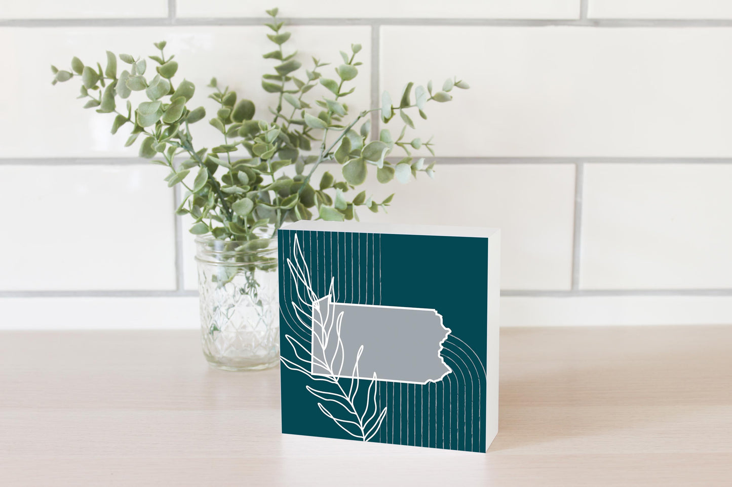 Modern Minimalist Pennsylvania Shape With Leaf | Wood Block | Eaches | Min 4