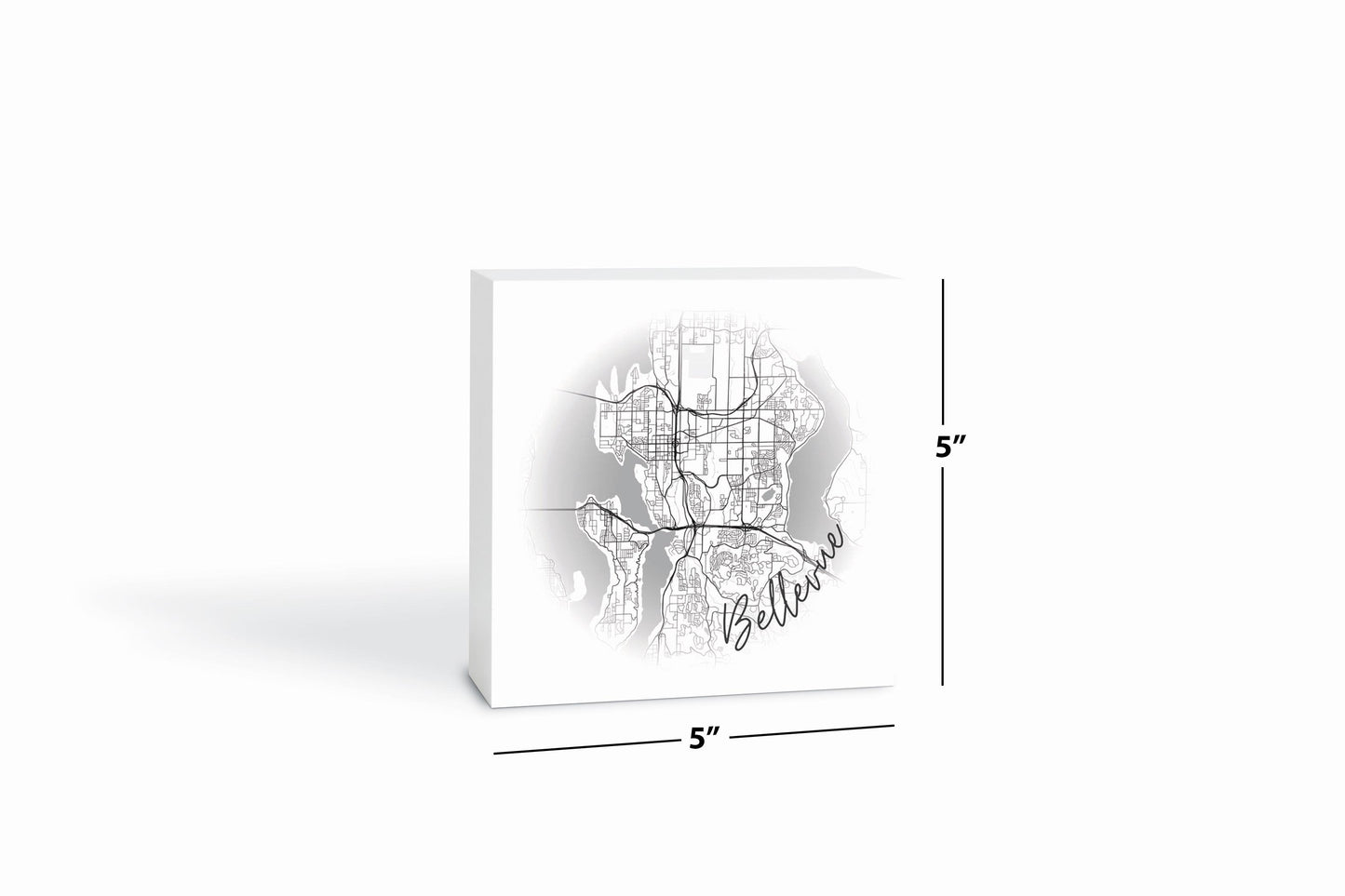 Minimalistic B&W Washington Bellevue Circle Map | Wood Block | Eaches | Min 4