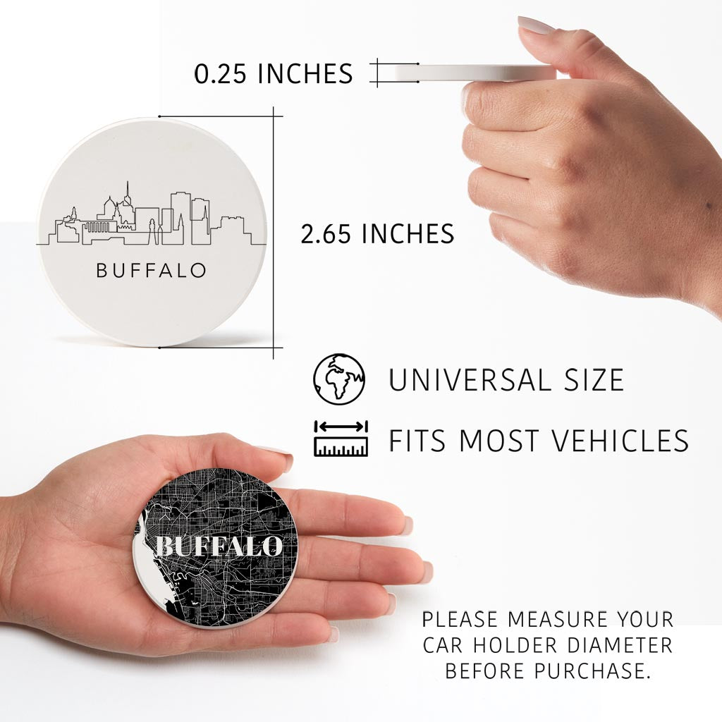 Minimalistic B&W New York Buffalo Map Skyline| Absorbent Car Coasters | Set of 2 | Min 4