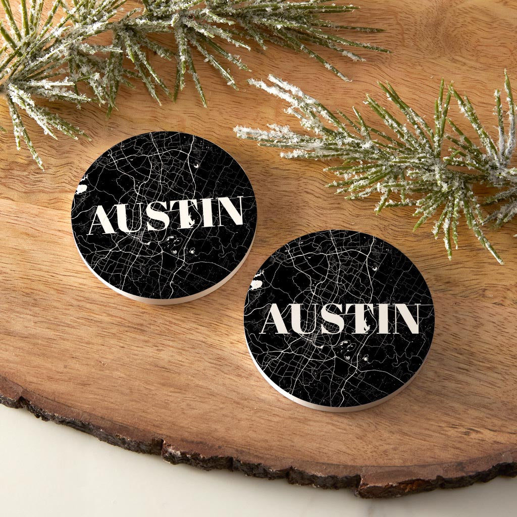 Minimalistic B&W Texas Austin Map | Absorbent Car Coasters | Set of 2 | Min 4