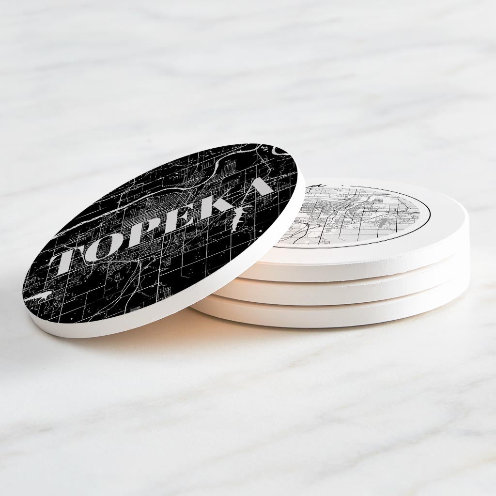 Minimalist B&W Kansas Topeka Maps | Absorbent Coasters | Set of 4 | Min 2