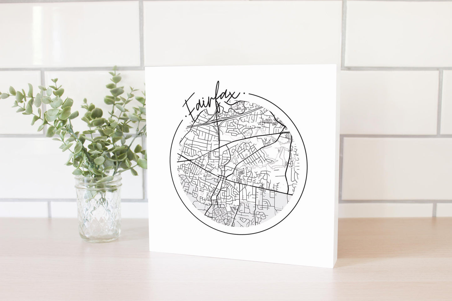 Minimalistic B&W Virginia Fairfax Circle Map | Wood Block | Eaches | Min 2
