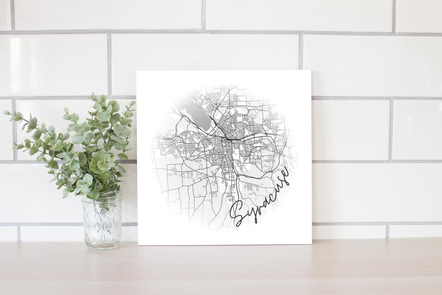 Minimalistic B&W New York Syracuse Faded Circle Map | Wood Sign | Eaches | Min 2