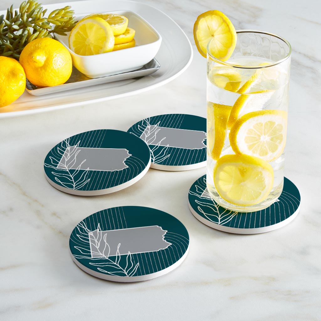 Modern Minimalist Pennsylvania Shape With Leaf | Absorbent Coasters | Set of 4 | Min 2