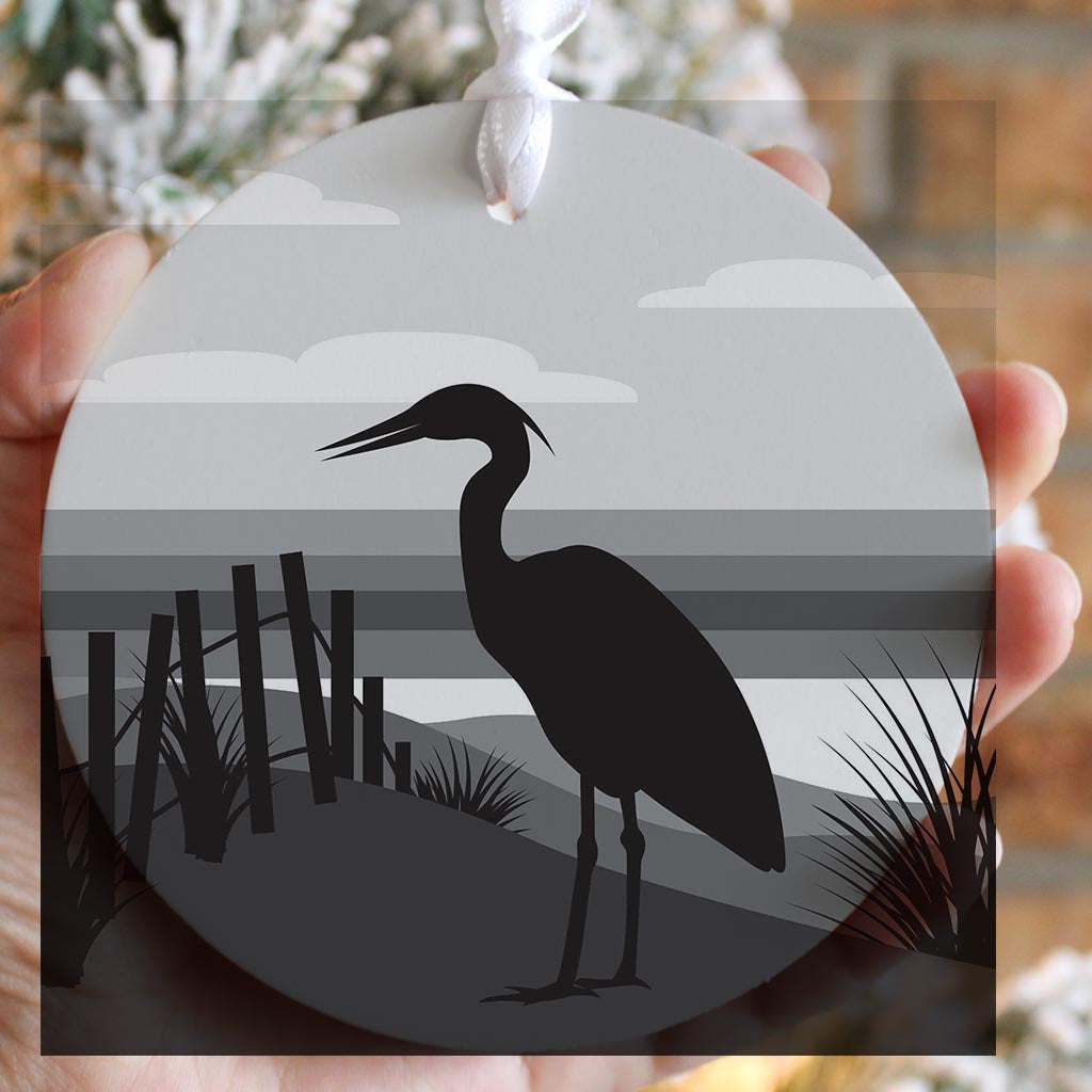 Minimalistic B&W Cape Cod Heron Illustration | Wood Ornament | Eaches | Min 6