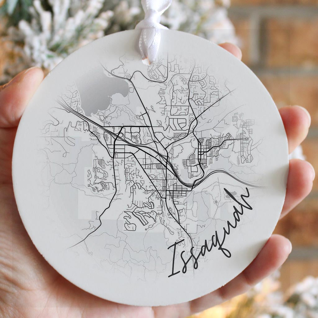 Minimalistic B&W Washington Issaquah Circle Map | Wood Ornament | Eaches | Min 6