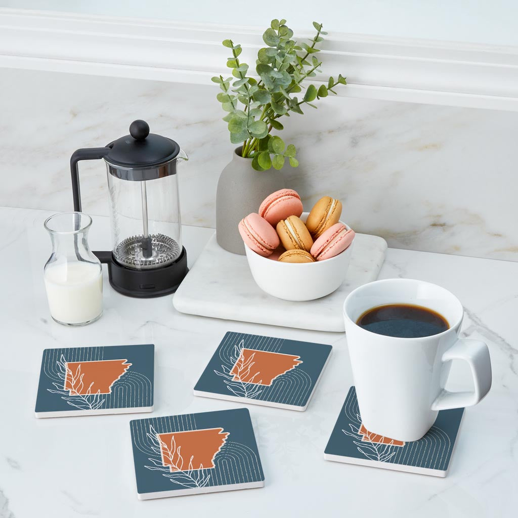 Modern Minimalist Arkansas State Shape With Leaf | Absorbent Coasters | Set of 4 | Min 2