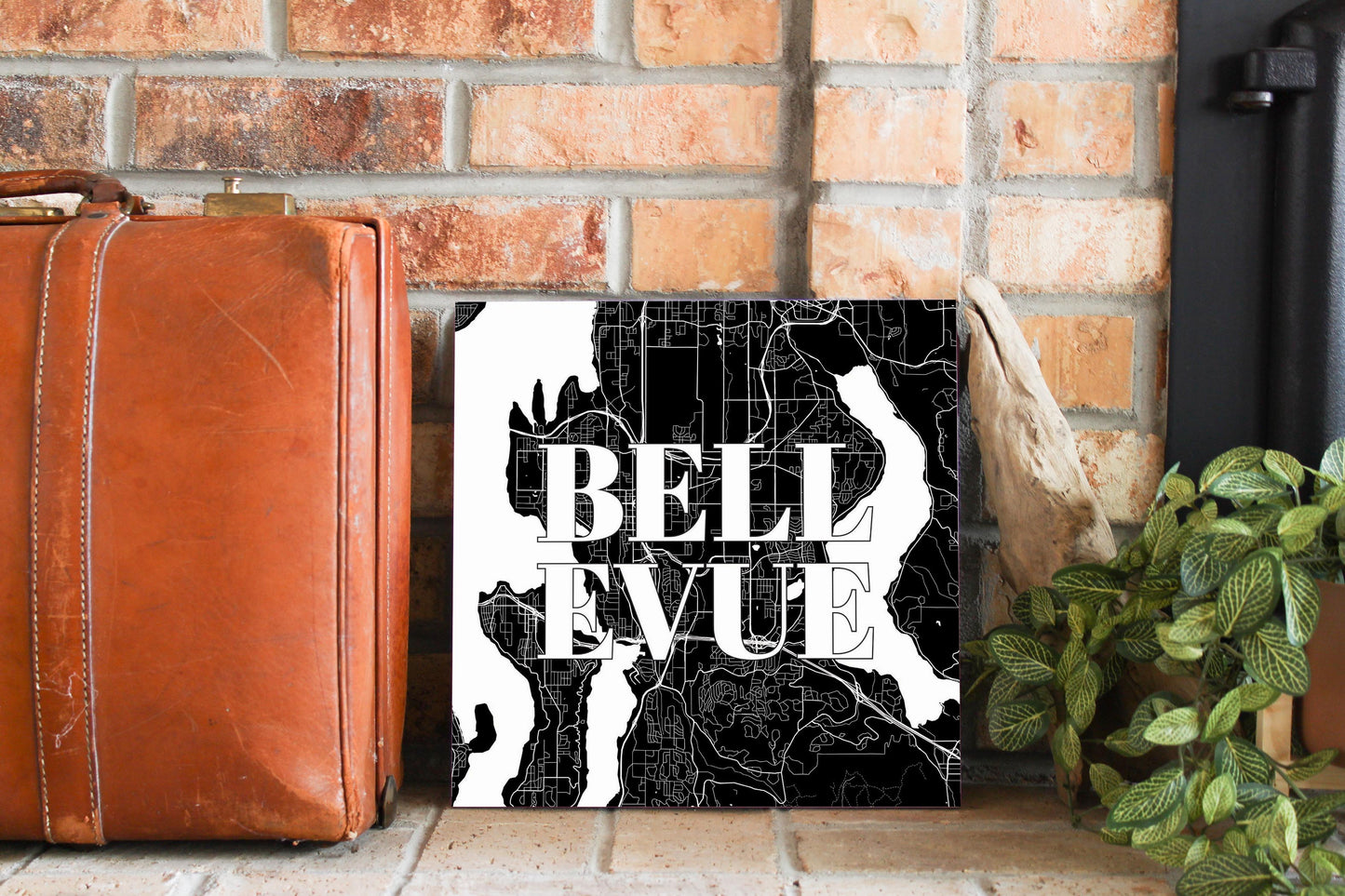 Minimalistic B&W Washington Bellevue Map | Wood Sign | Eaches | Min 2