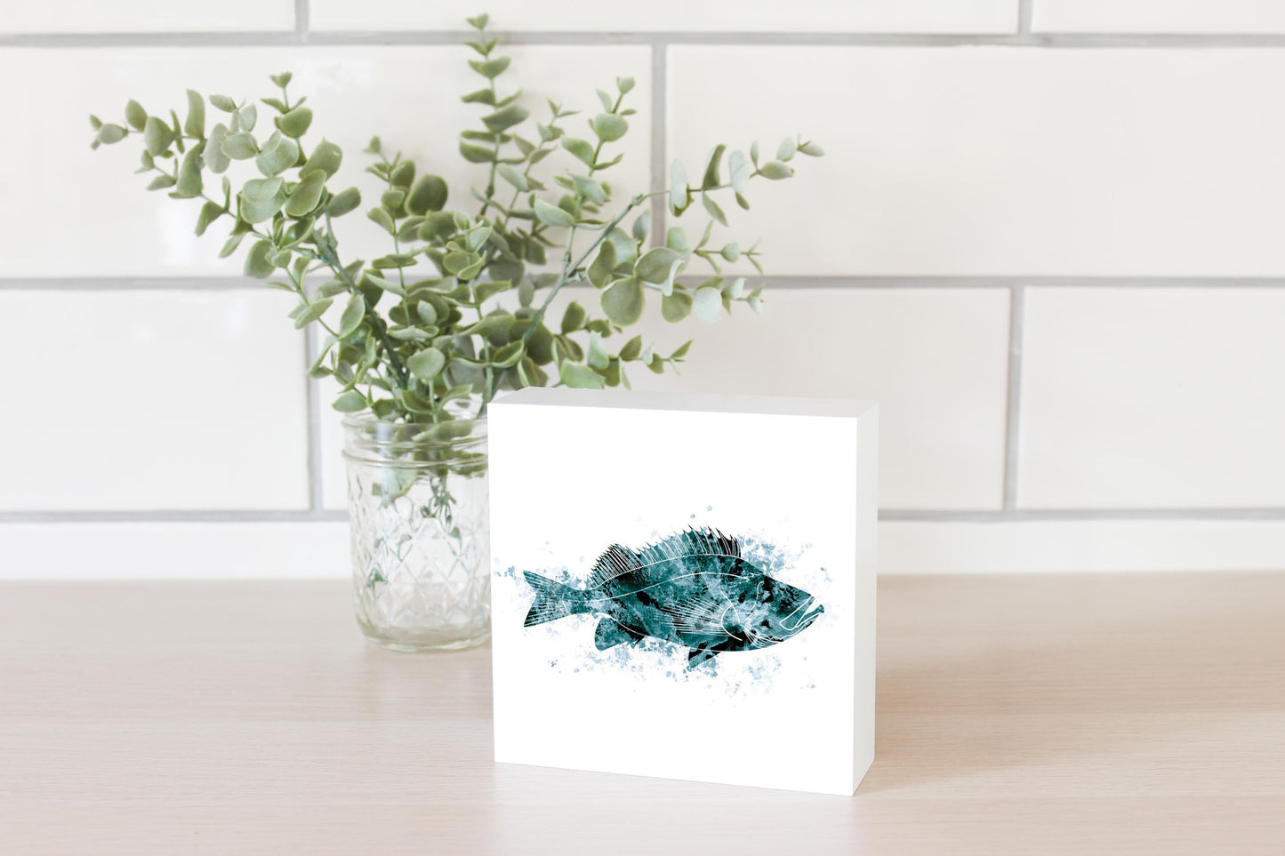 Blue White Water Color Red Fish | Wood Block | Eaches | Min 4