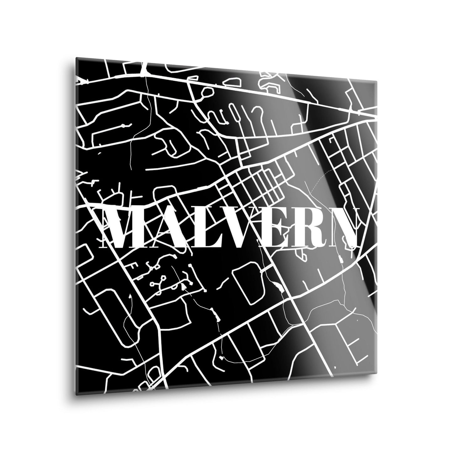 Minimalistic B&W Pennsylvania Malvern Map | Hi-Def Glass Art | Eaches | Min 1