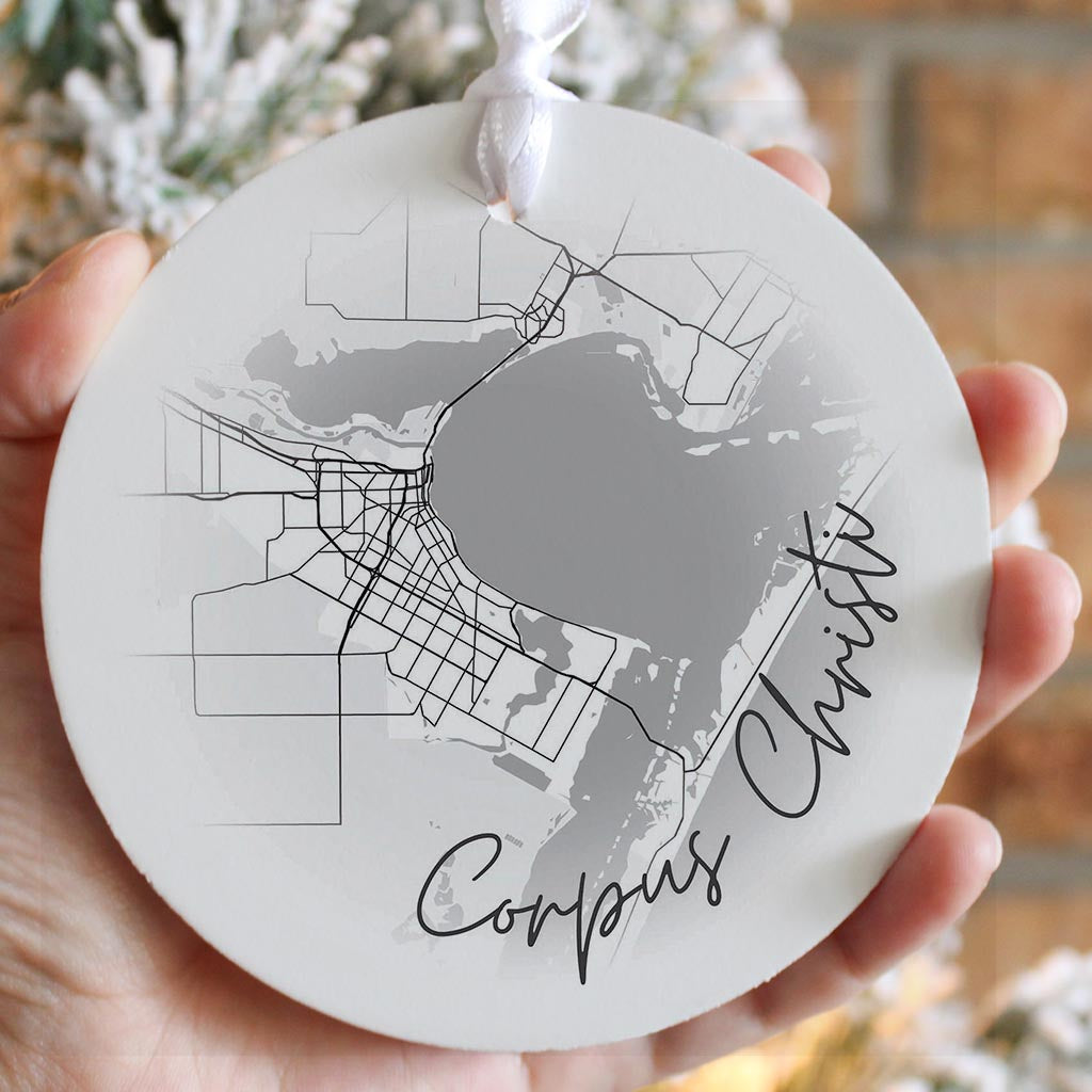 Minimalistic B&W Texas Corpus Christi Circle Map | Wood Ornament | Eaches | Min 6