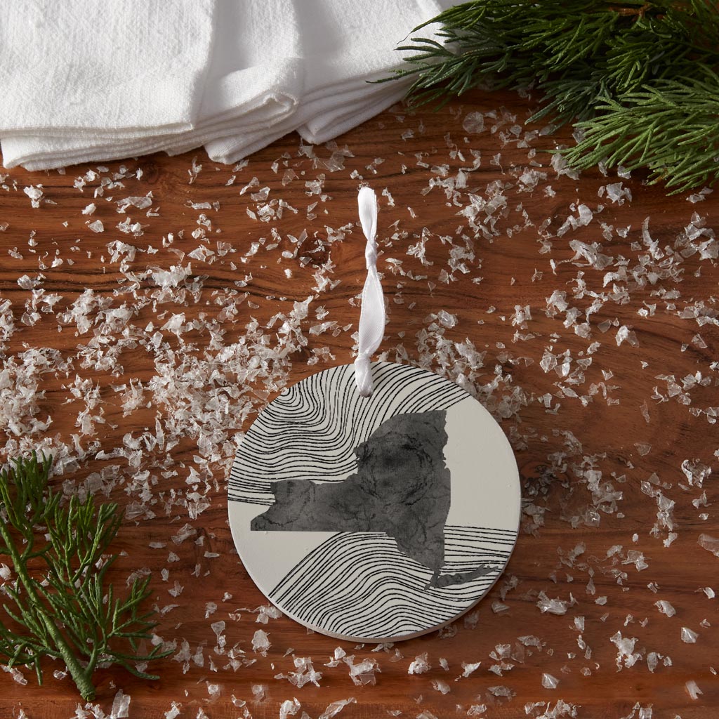 Minimalistic B&W New York State With Fluid Lines | Wood Ornament | Eaches | Min 6