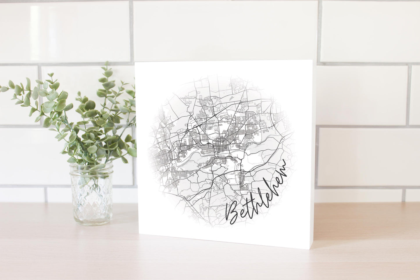 Minimalistic B&W Pennsylvania Bethlehem Circle Map | Wood Block | Eaches | Min 2