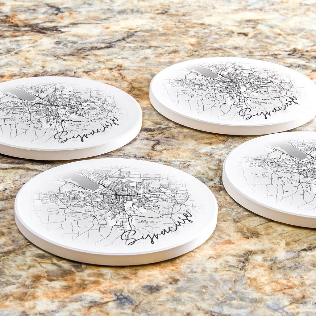 Minimalistic B&W New York Syracuse Faded Circle Map | Absorbent Coasters | Set of 4 | Min 2