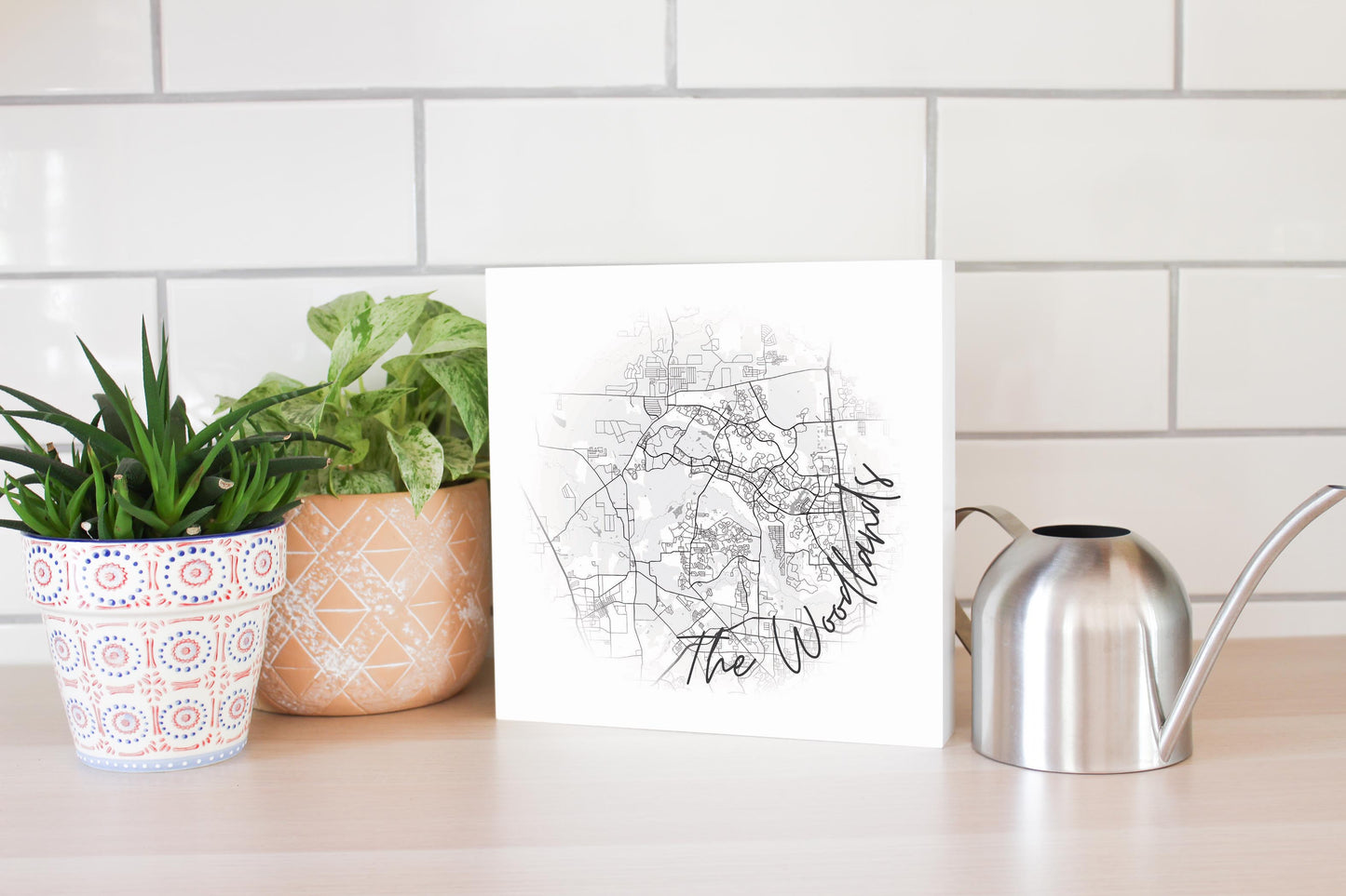 Minimalistic B&W Texas The Woodlands Circle Map | Wood Block | Eaches | Min 2