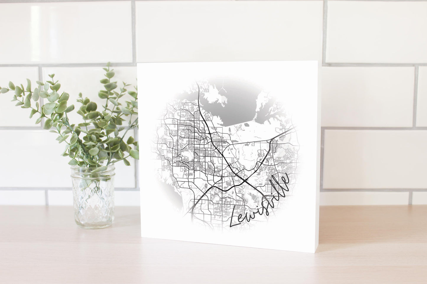Minimalistic B&W Texas Lewisville Circle Map | Wood Block | Eaches | Min 2