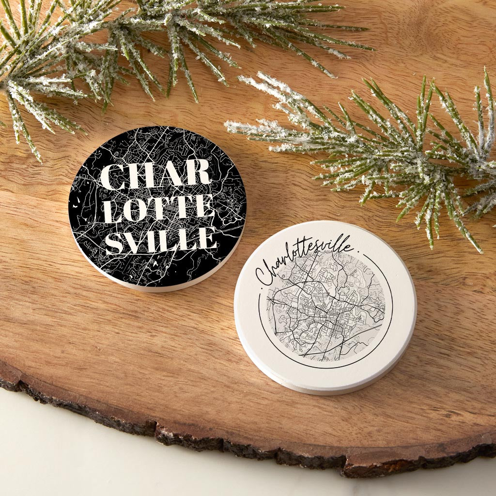 Minimalistic B&W Virginia Charlottesville Maps | Absorbent Car Coasters | Set of 2 | Min 4