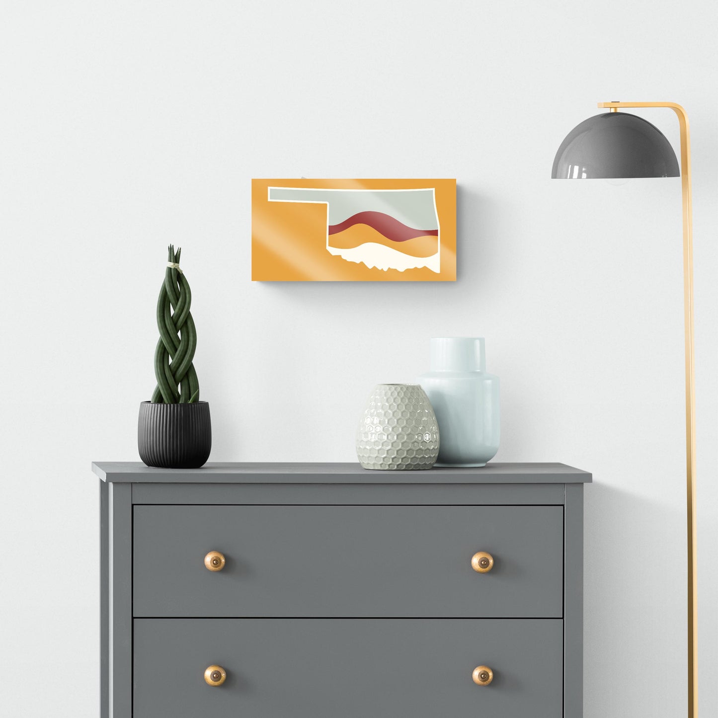 Modern Minimalist Oklahoma Orange Retro State Shape With Hills | Hi-Def Glass Art | Eaches | Min 2