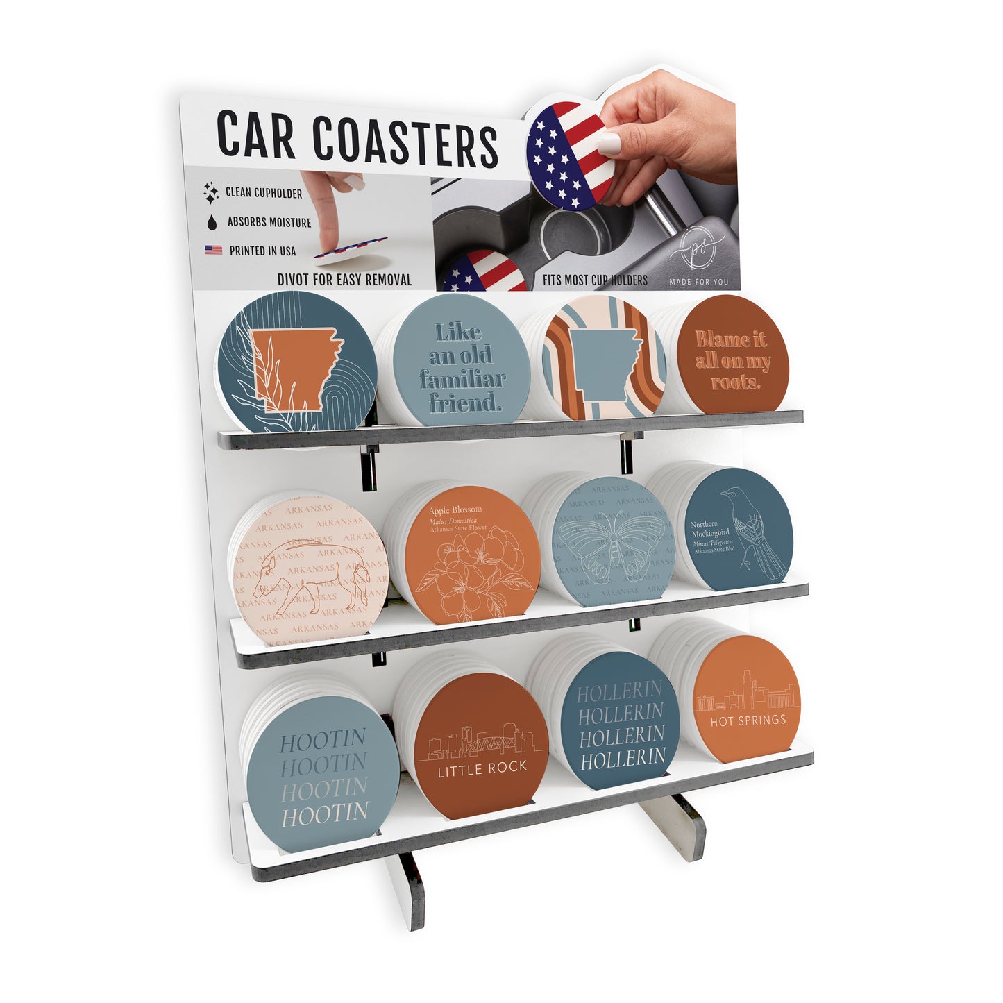 Modern Minimalist Arkansas Car Coaster Loaded Display POP Min of 1