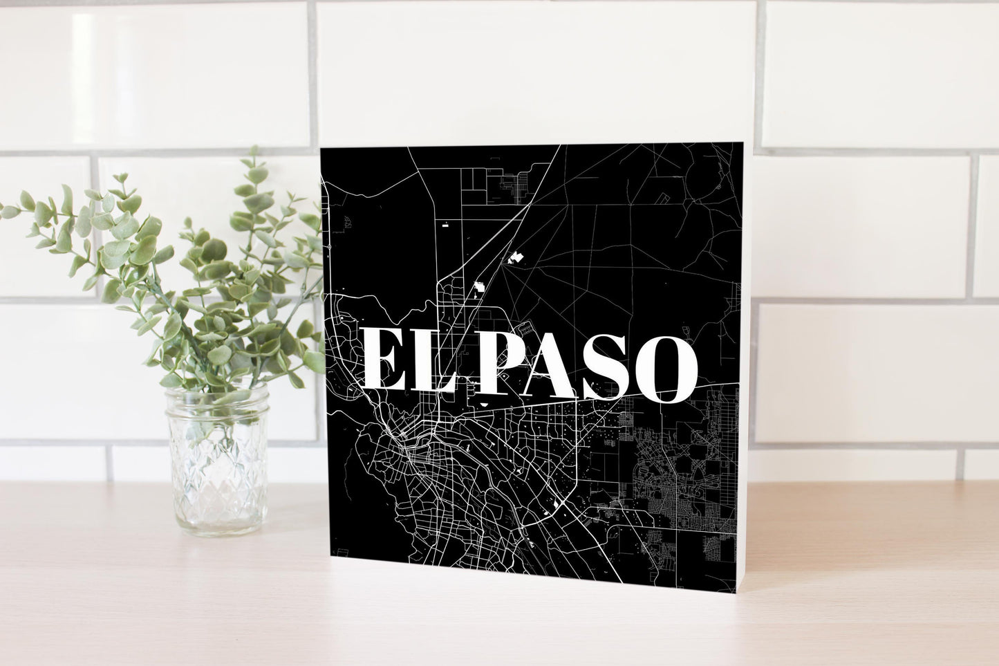 Minimalistic B&W Texas El Paso Map | Wood Block | Eaches | Min 2