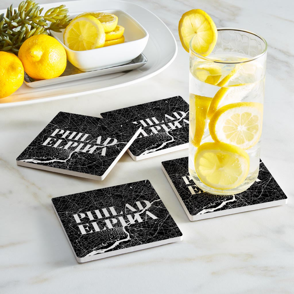 Minimalistic B&W Pennsylvania Philadelphia Map | Absorbent Coasters | Set of 4 | Min 2