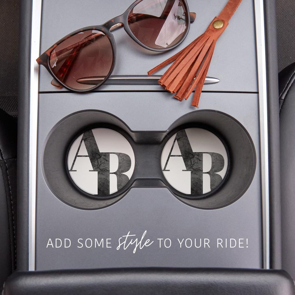 B&W Minimalist Arkansas White Initials | Absorbent Car Coasters | Set of 2 | Min 4