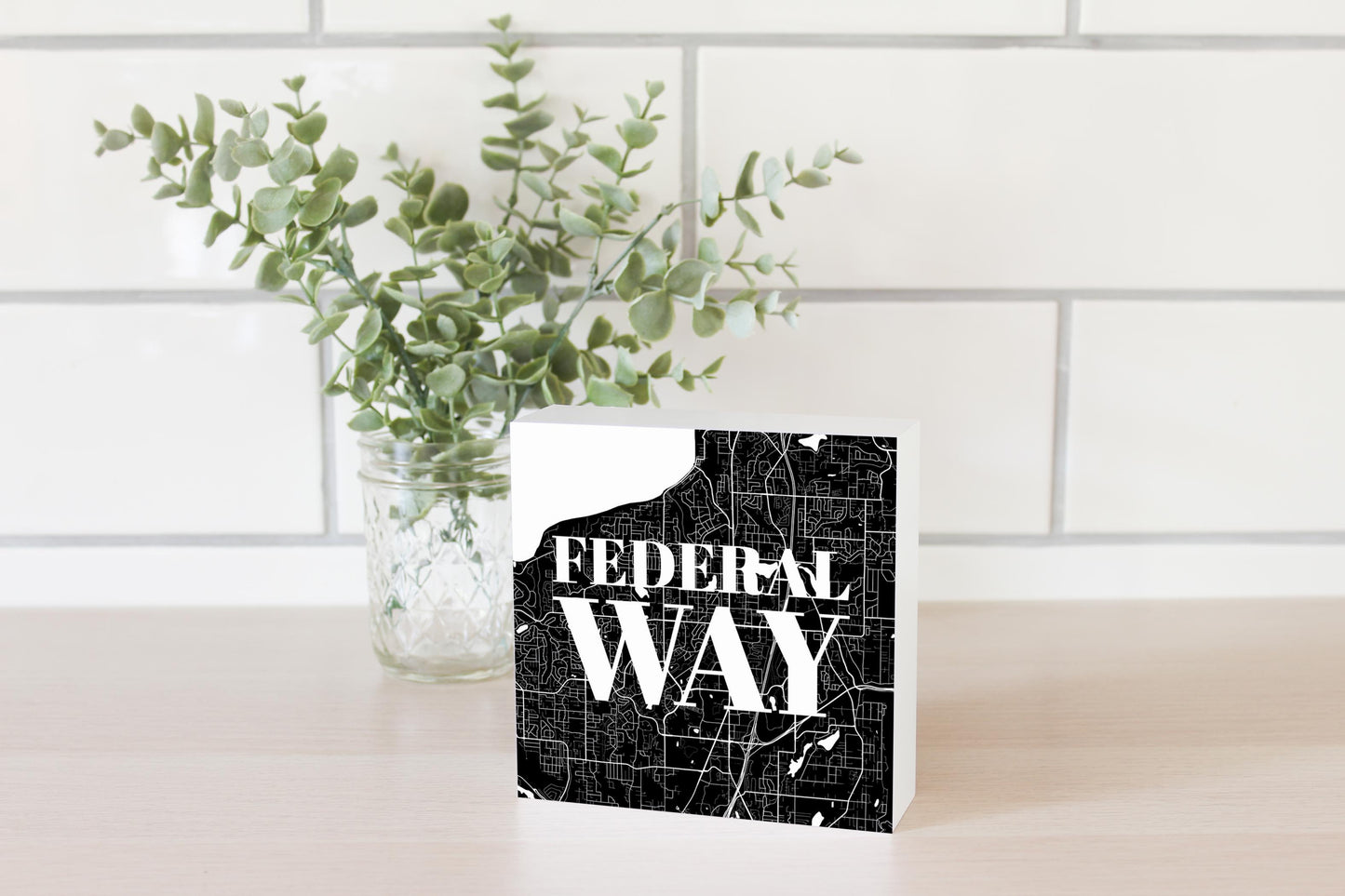 Minimalistic B&W Washington Federal Way Map | Wood Block | Eaches | Min 4