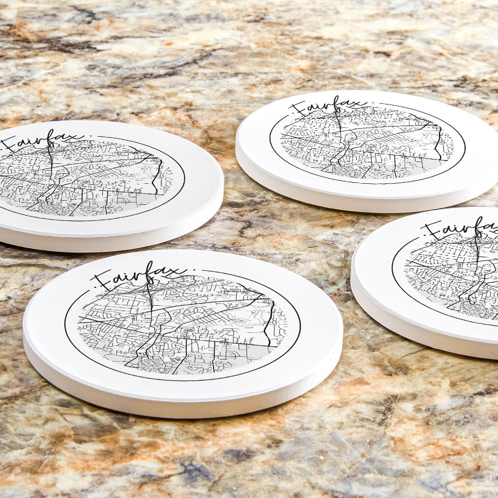 Minimalistic B&W Virginia Fairfax Circle Map | Absorbent Coasters | Set of 4 | Min 2