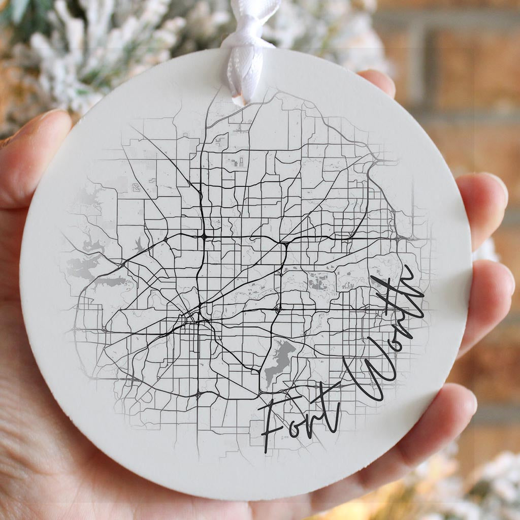 Minimalistic B&W Texas Fort Worth Circle Map | Wood Ornament | Eaches | Min 6