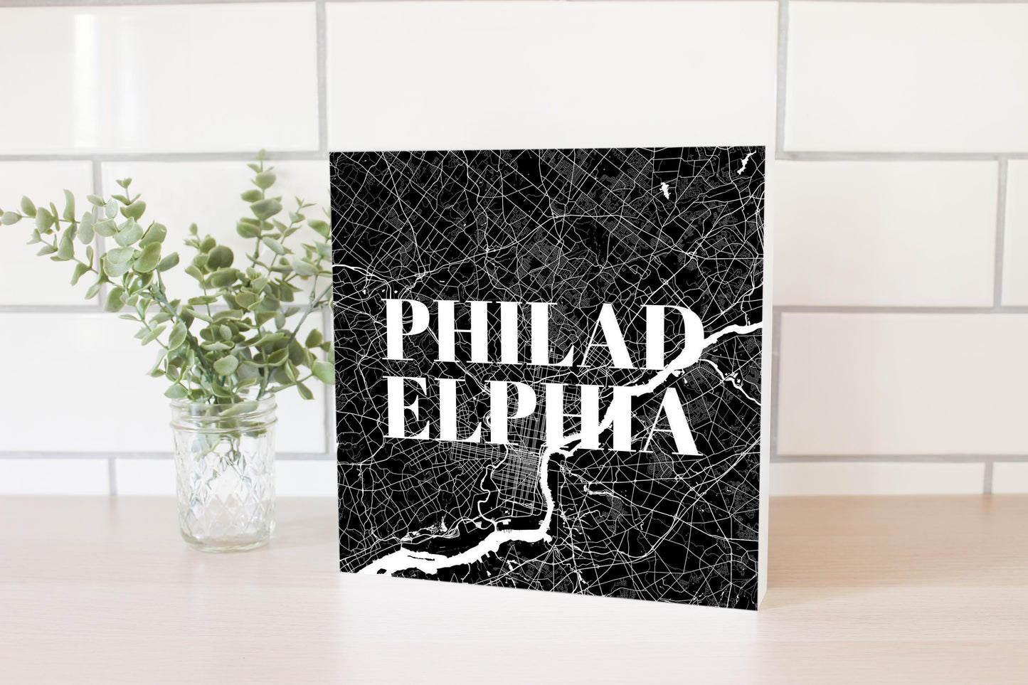 Minimalistic B&W Pennsylvania Philadelphia Map | Wood Block | Eaches | Min 2