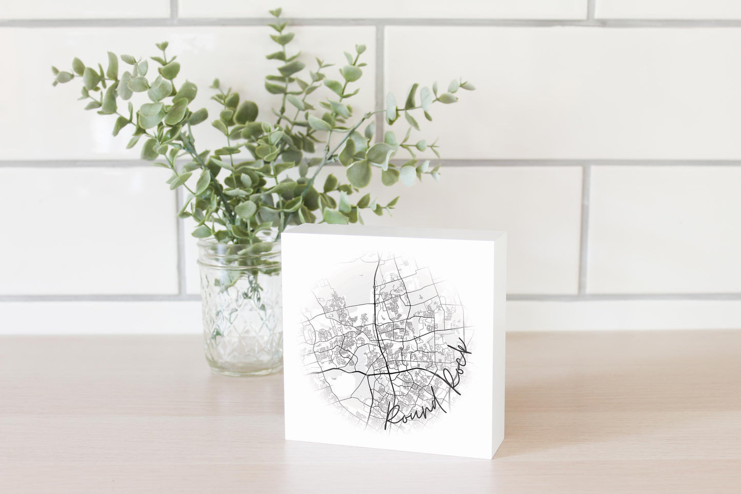 Minimalistic B&W Texas Round Rock Circle Map | Wood Block | Eaches | Min 4