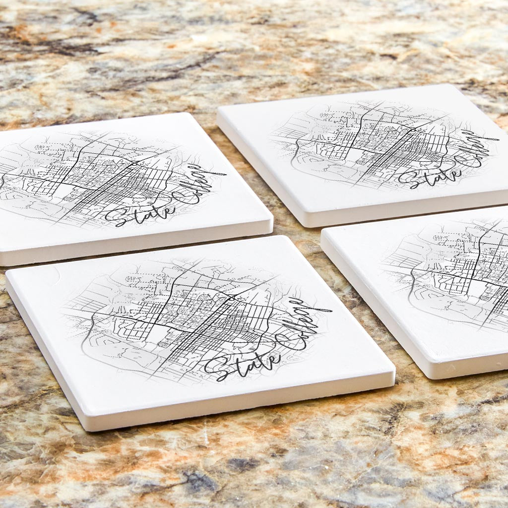 Minimalistic B&W Pennsylvania State College Circle Map| Absorbent Coasters | Set of 4 | Min 2
