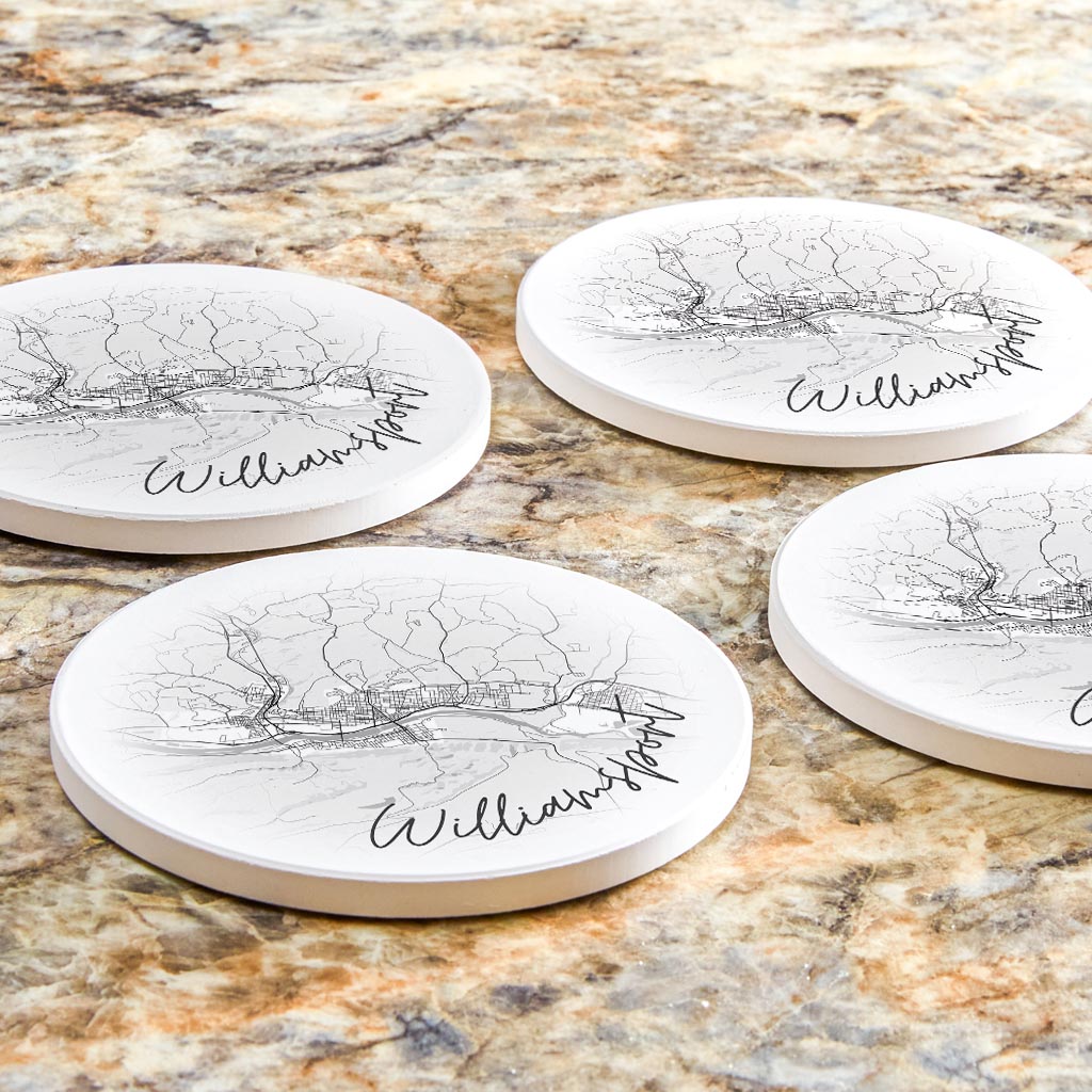 Minimalistic B&W Pennsylvania Williamsport Circle Map | Absorbent Coasters | Set of 4 | Min 2