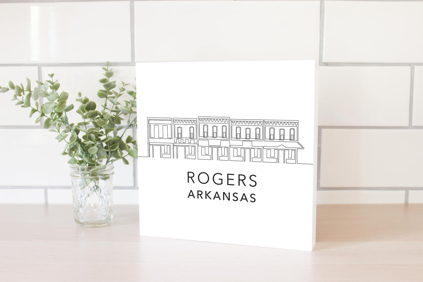 Minimalist B&W Arkansas Rogers Skyline | Wood Block | Eaches | Min 2