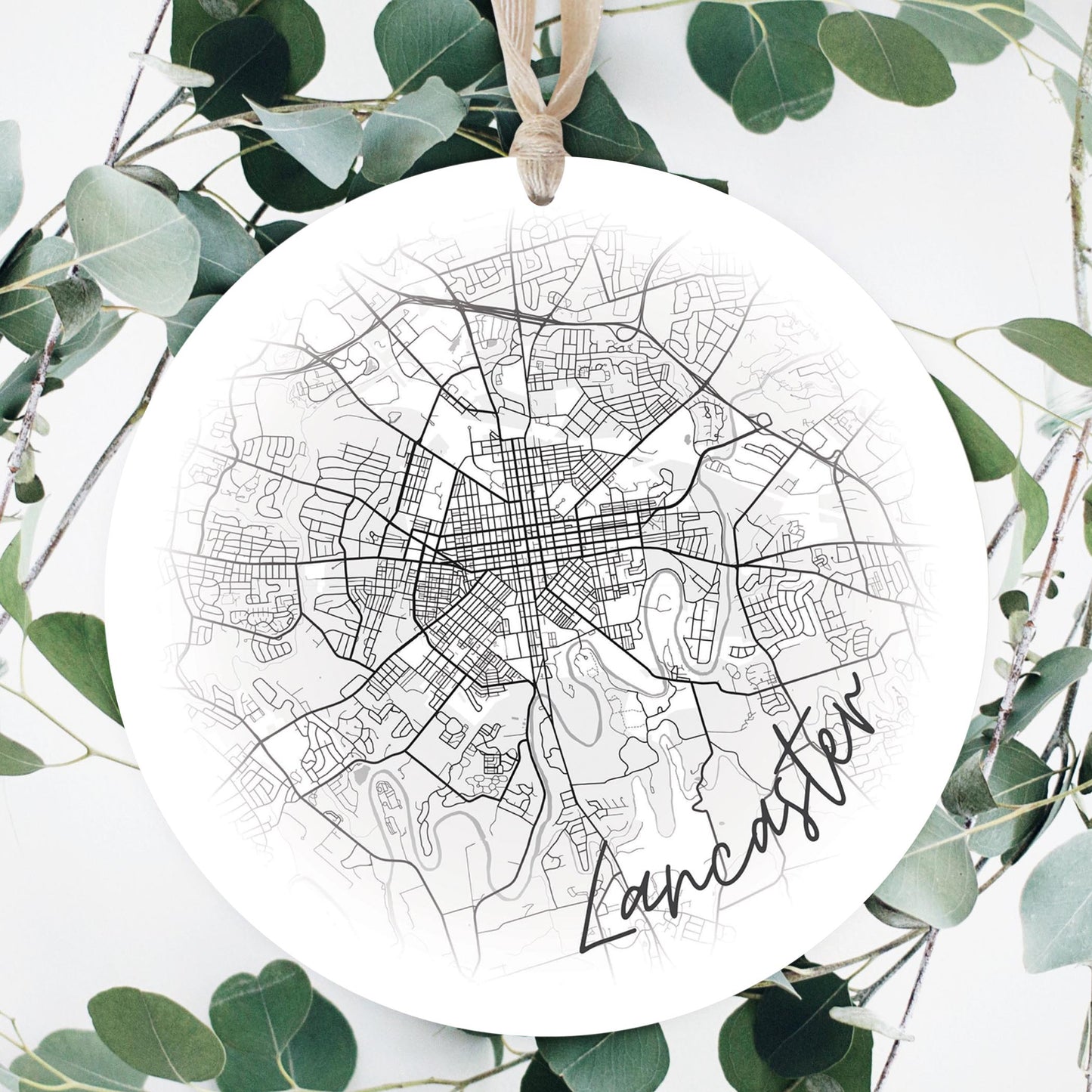 Minimalistic B&W Pennsylvania Lancaster Circle Map | Wood Ornament | Eaches | Min 1