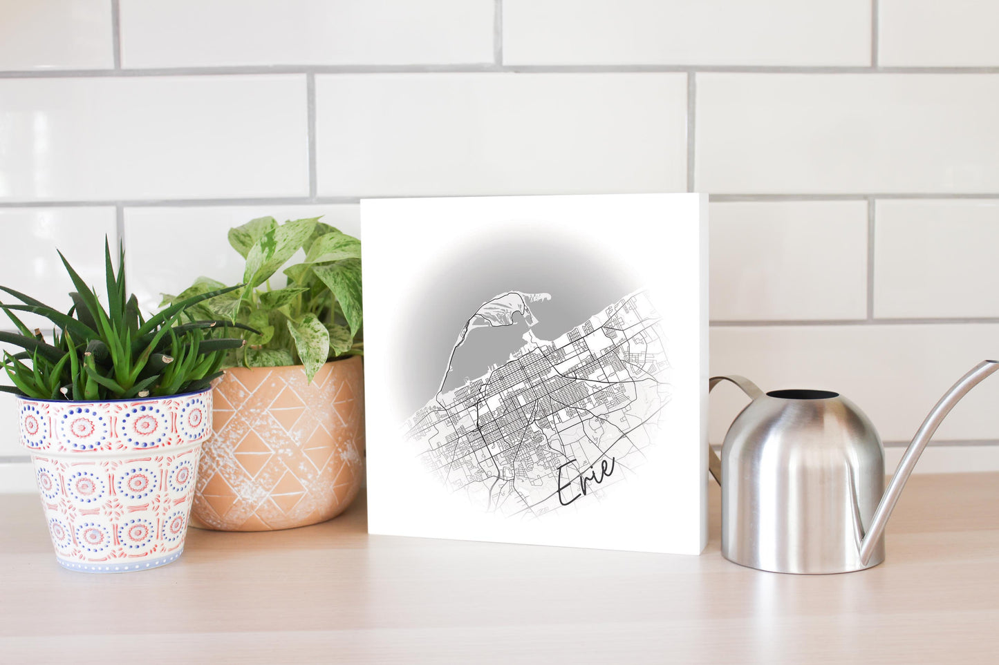 Minimalistic B&W Pennsylvania Erie Circle Map | Wood Block | Eaches | Min 2