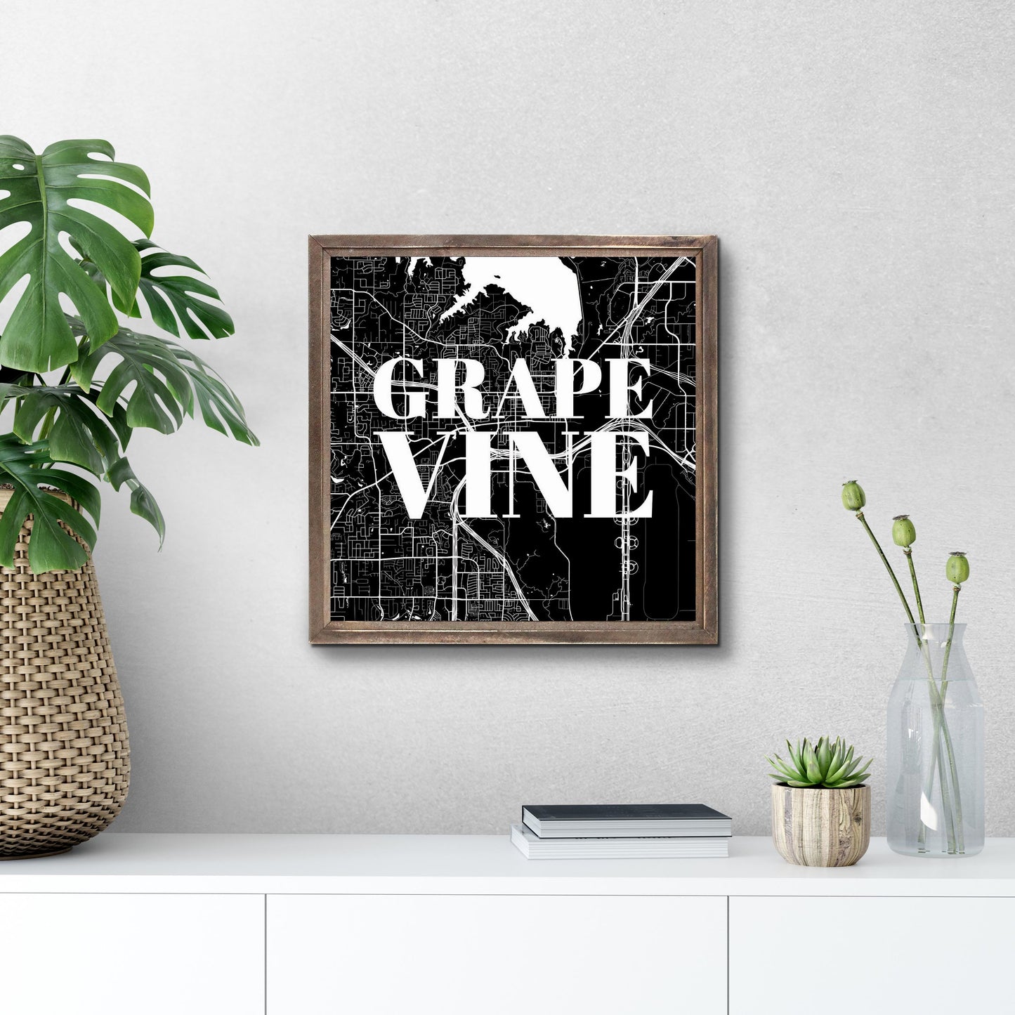 Minimalistic B&W Texas Grapevine Map | Wood Sign | Eaches | Min 1
