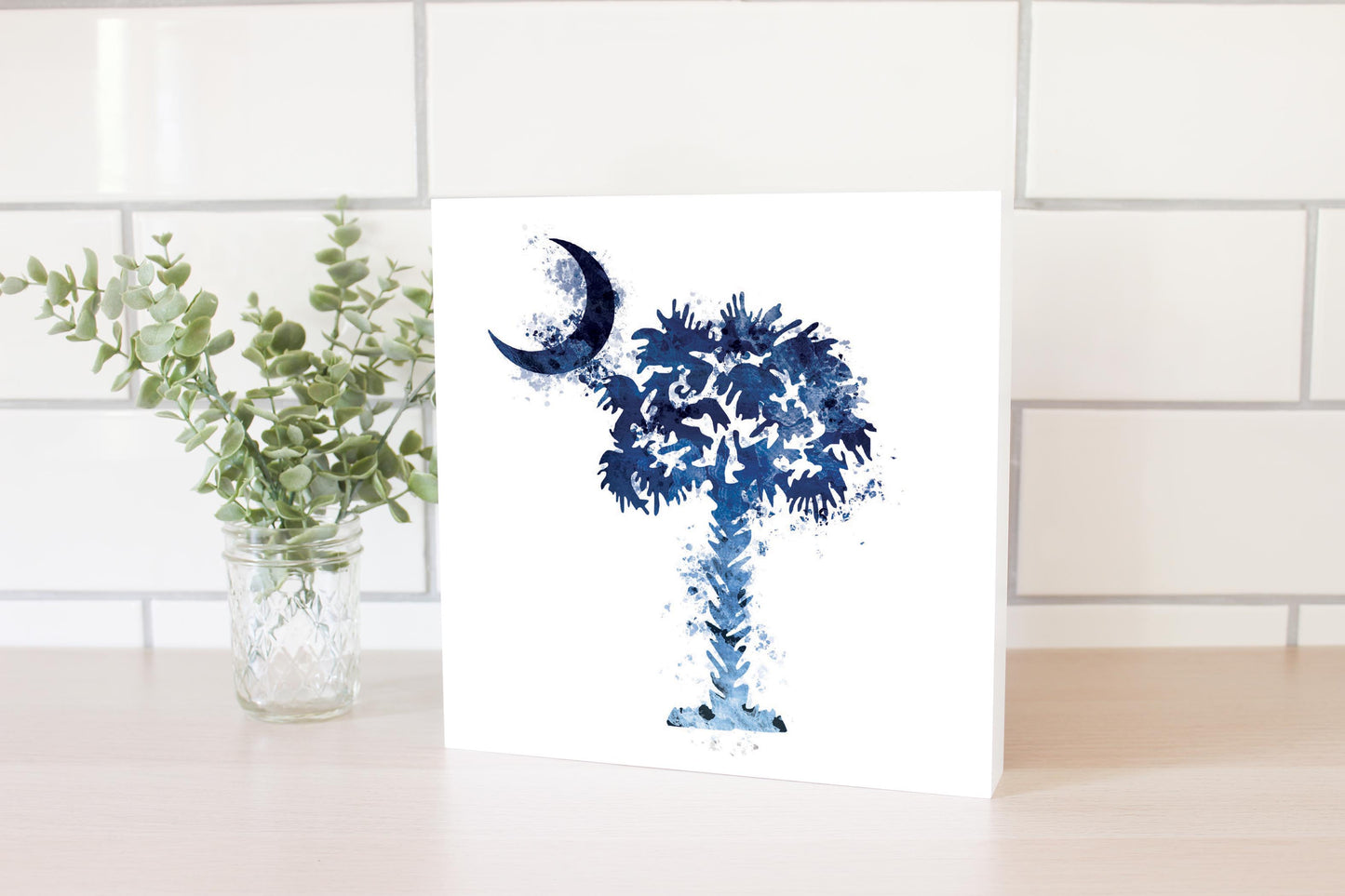 South Carolina Blue Water Color Palm Trees On White | Wood Block | Eaches | Min 2