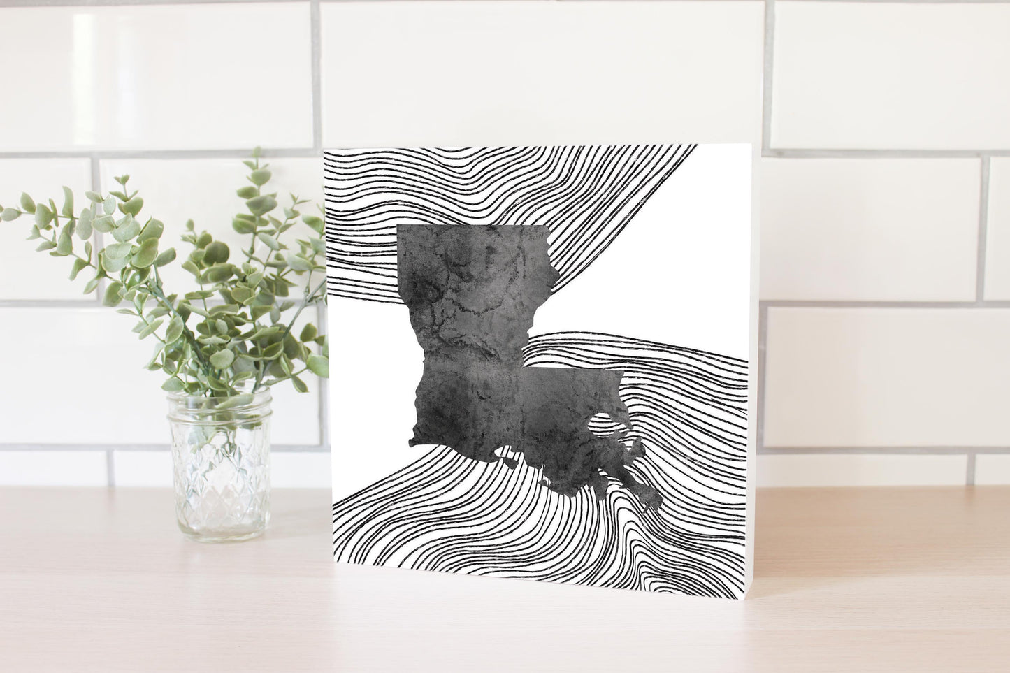 Modern Louisiana State Shape With Fluid Lines | Wood Block | Eaches | Min 2