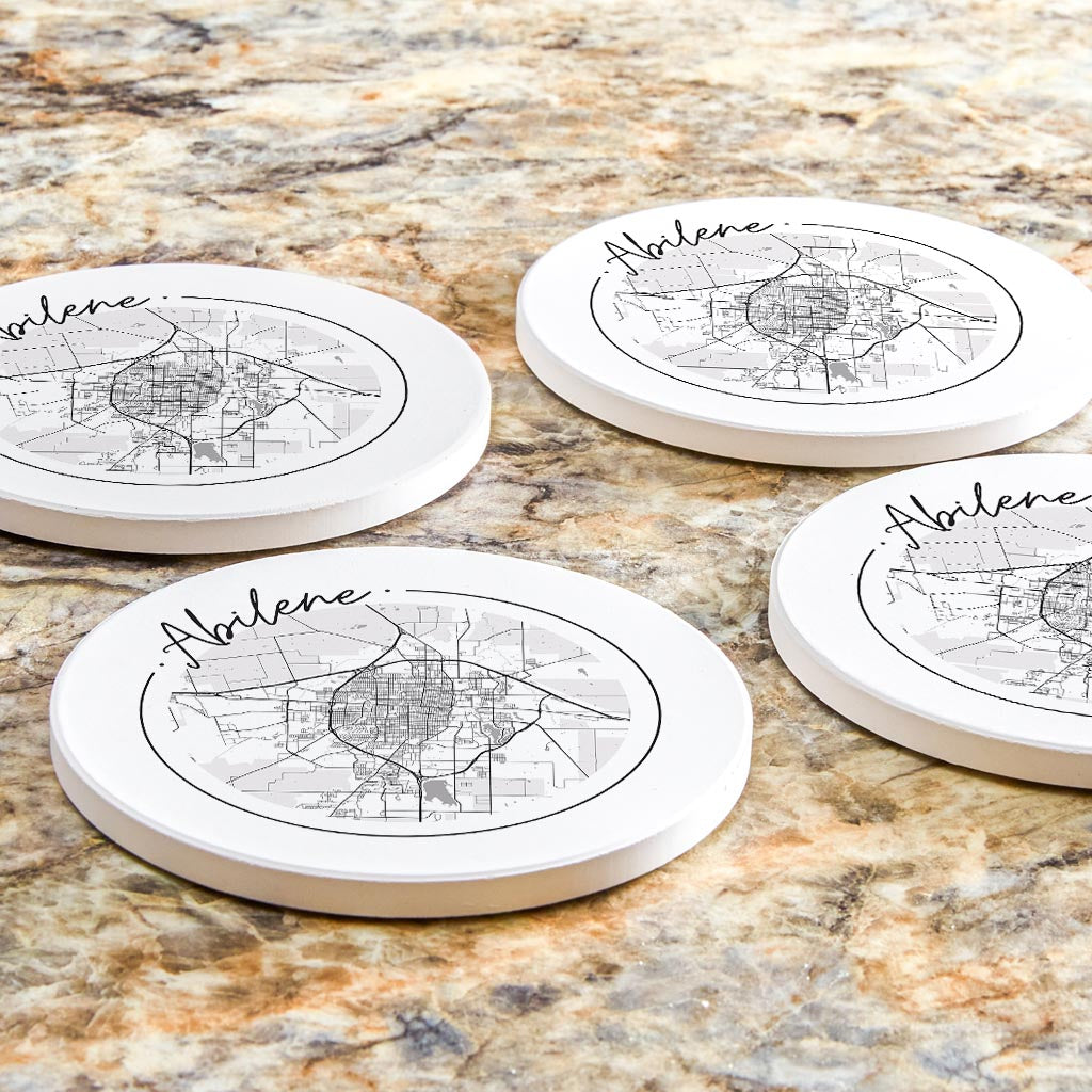 Minimalist B&W Texas Abilene Circle Map | Absorbent Coasters | Set of 4 | Min 2