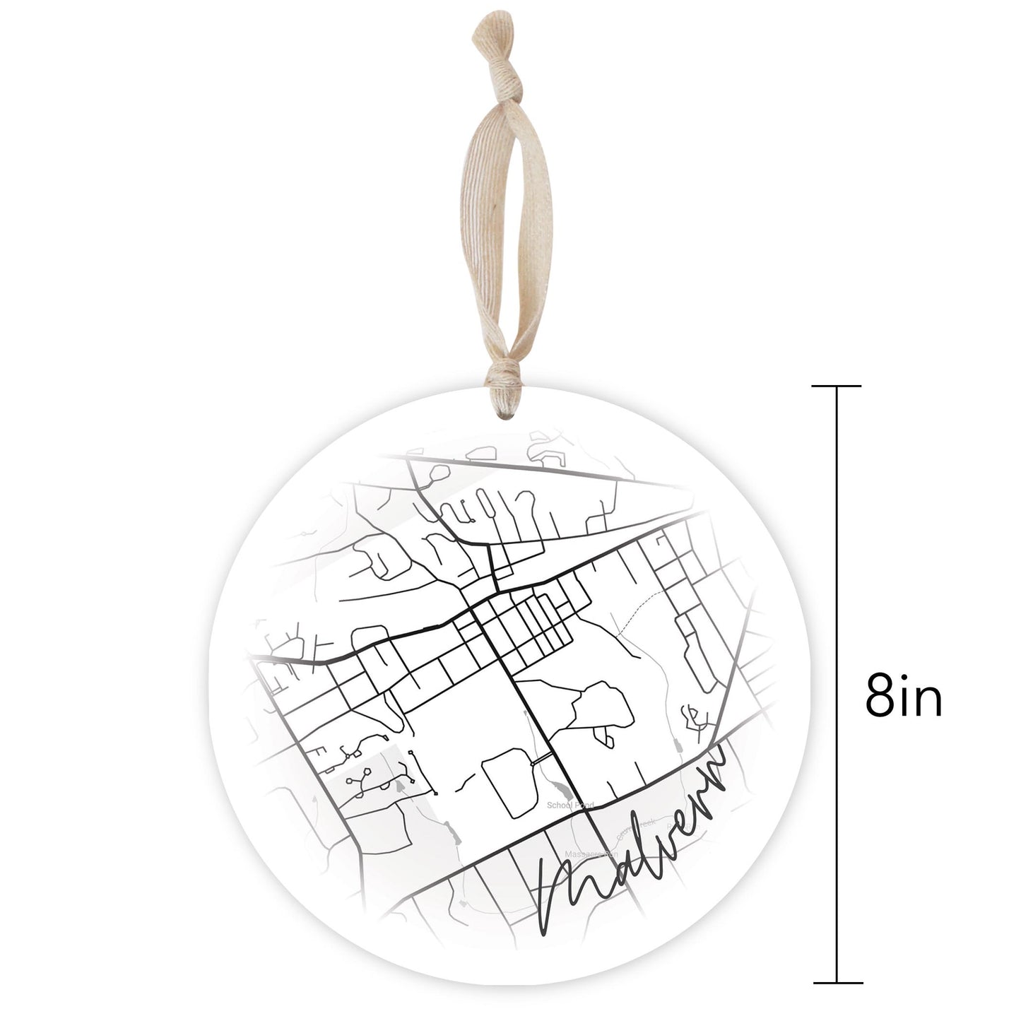 Minimalistic B&W Pennsylvania Malvern Circle Map | Wood Ornament | Eaches | Min 1